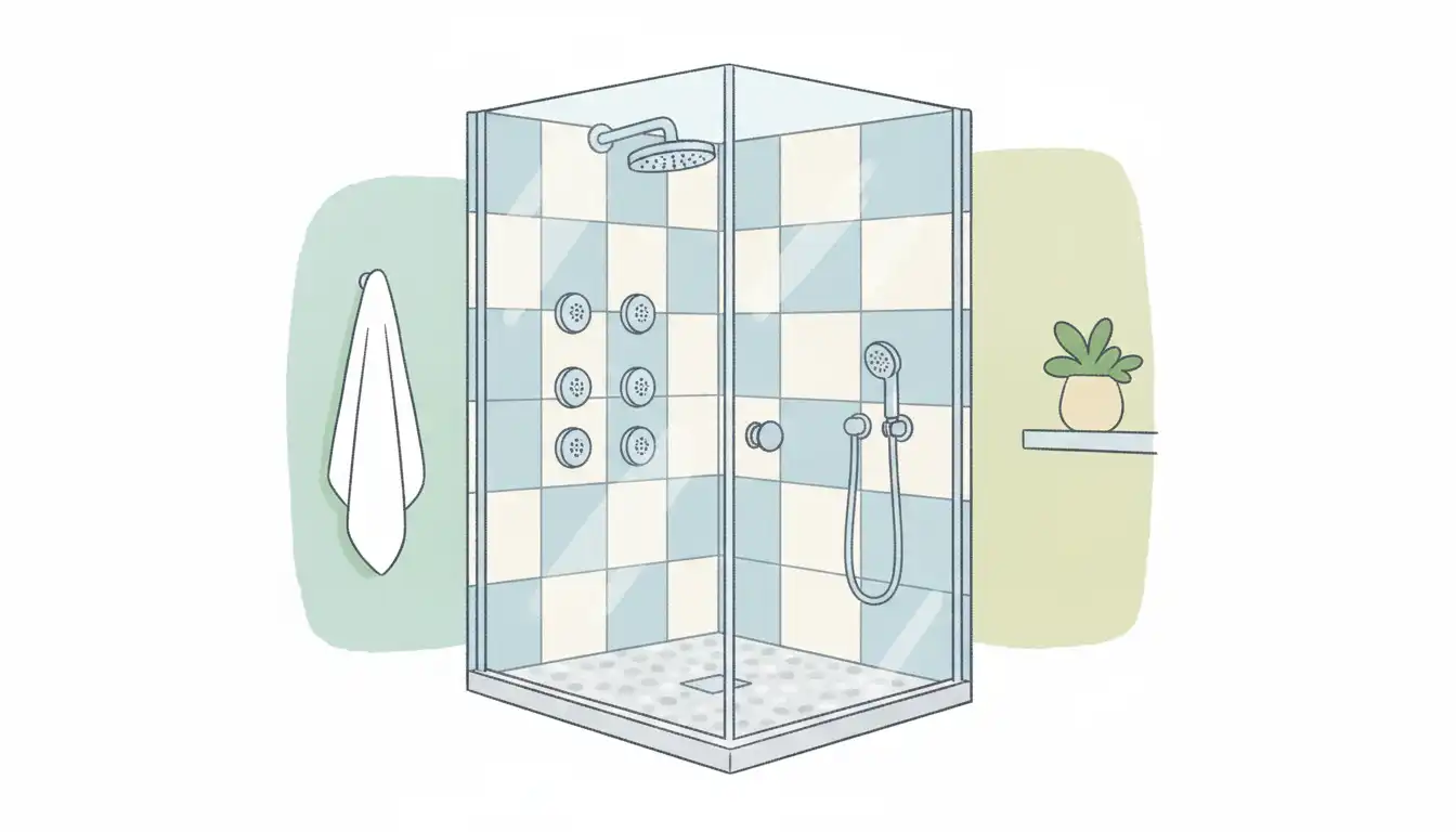 Modern tiled shower enclosure with multiple chrome body jets installed on the wall.