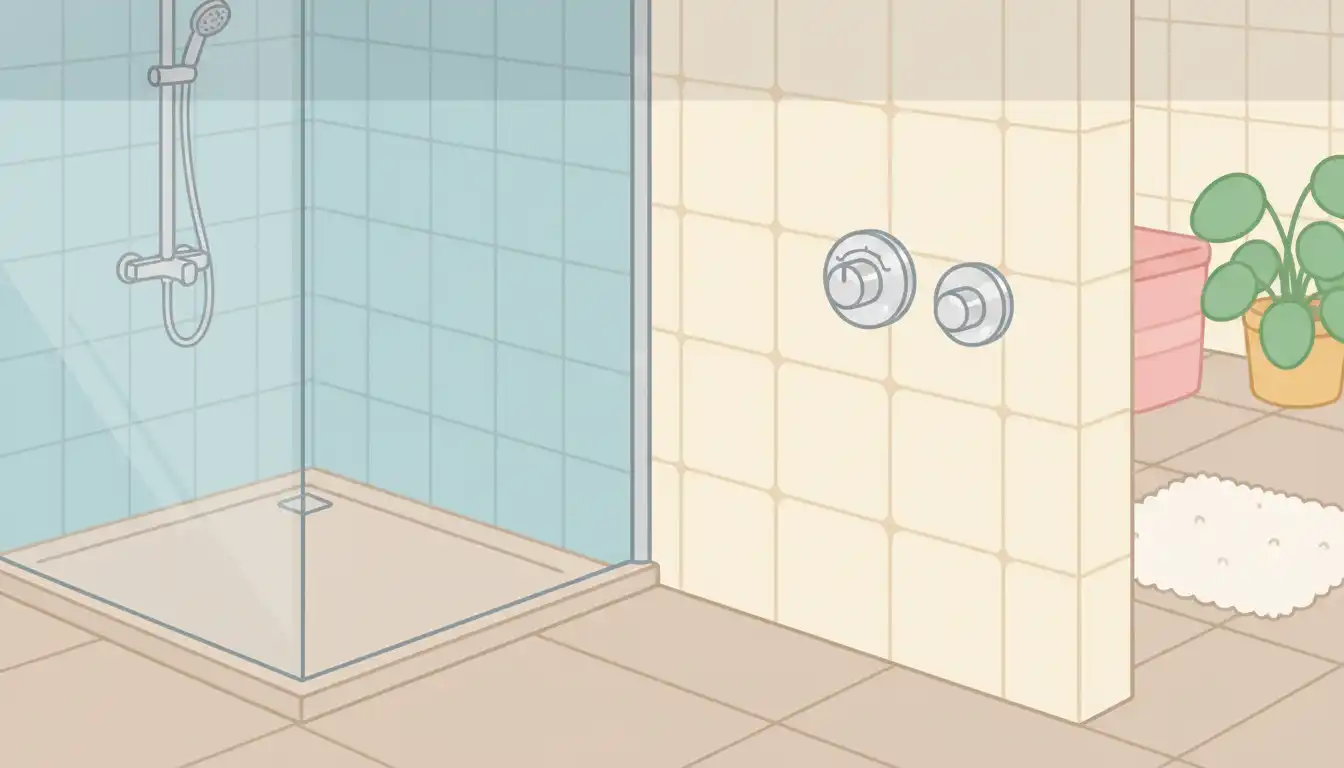 A walk-in shower with a glass door, featuring chrome temperature and flow controls mounted on the tiled wall just outside the entrance.