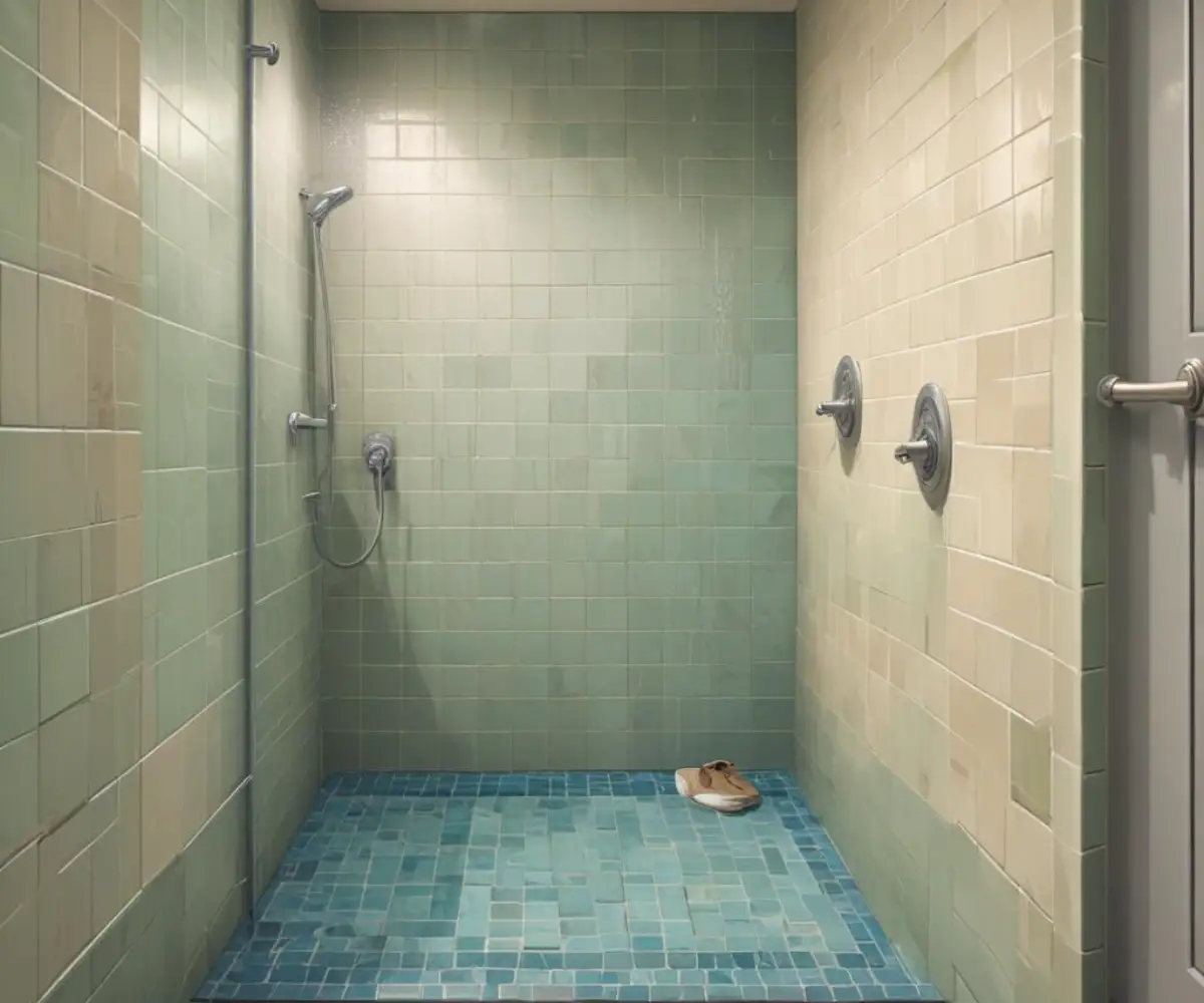 A tiled shower curb in a modern bathroom, showing the height and width of the waterproof barrier at the entrance to the shower stall.