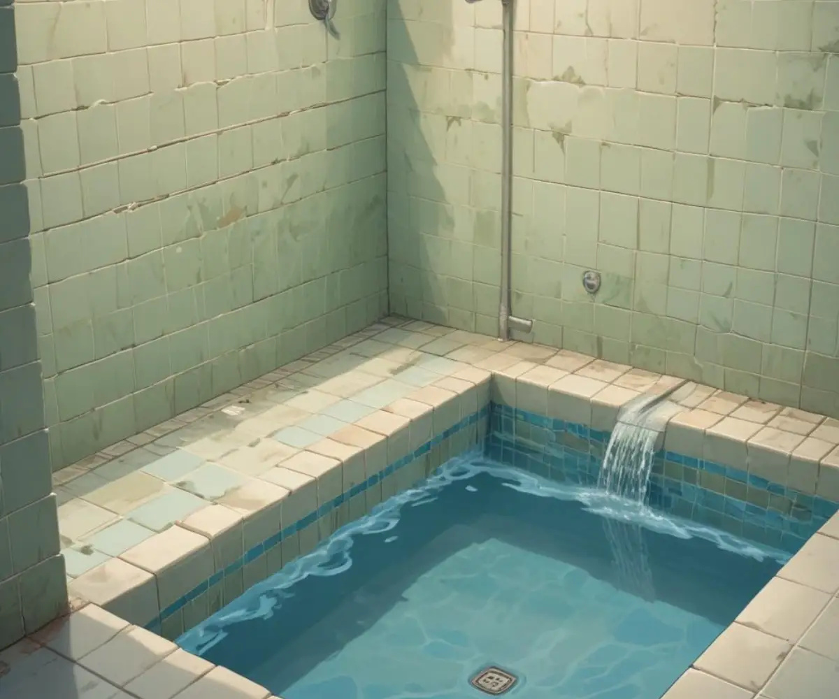 A tiled shower curb with a noticeable incorrect outward slope, causing water to pool on the bathroom floor.