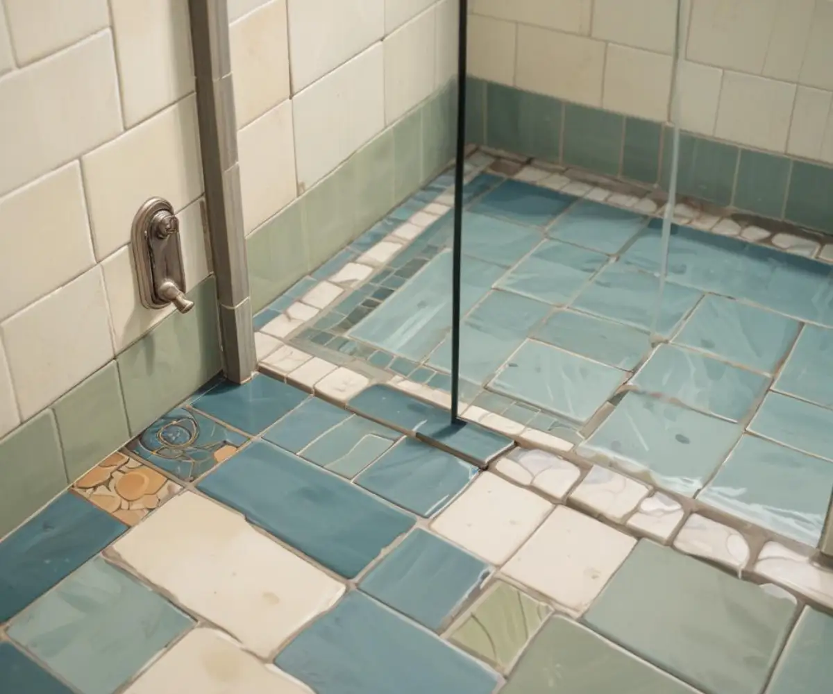 A close-up view of a tiled shower curb with a glass door track installed, separating the shower floor from the main bathroom floor.
