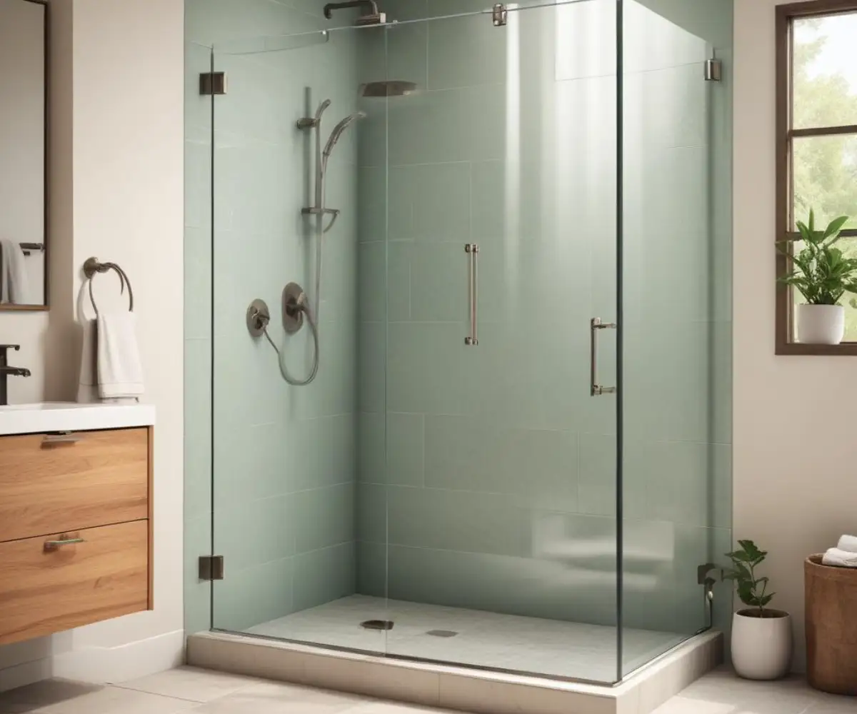 Frameless glass shower door installed on a tiled curb in a modern bathroom.