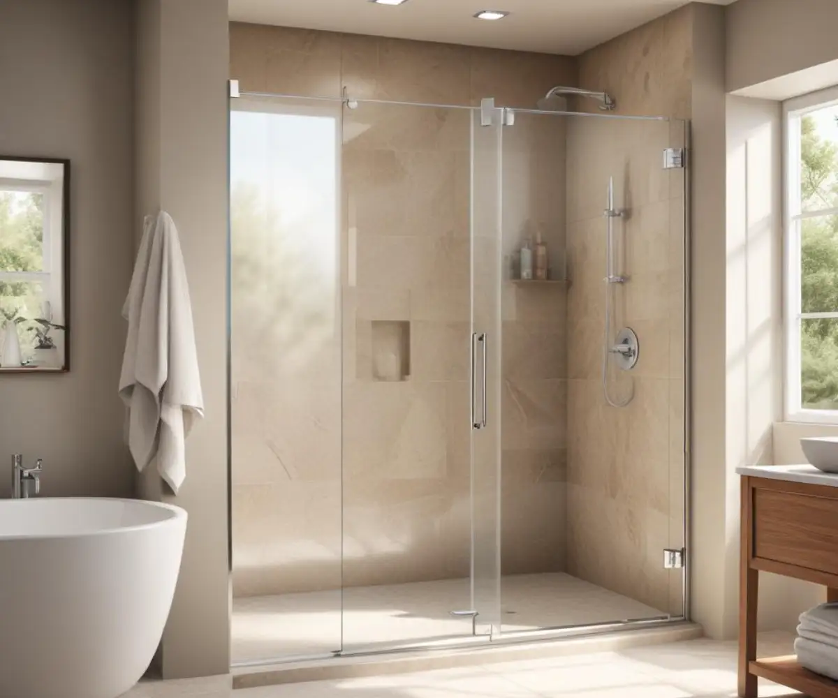 A frameless glass shower door with polished chrome hinges, showing its ability to swing both inwards into the shower and outwards into the bathroom.