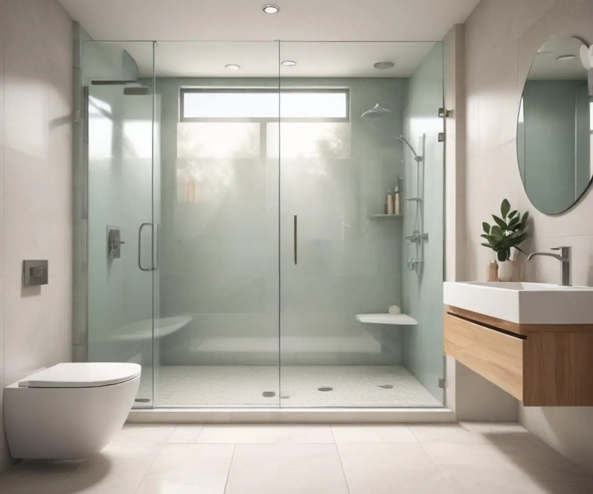 A frameless glass shower door extending from the tiled floor to the white ceiling in a modern minimalist bathroom.