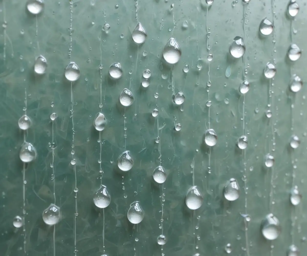 Close-up of clear water beads on a transparent shower glass panel with a tiled background.
