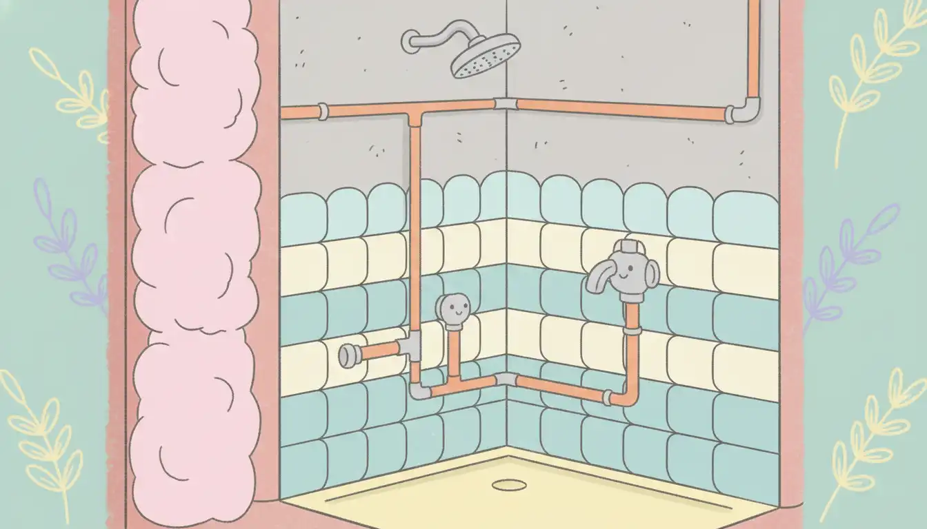 Unfinished tiled shower enclosure on an insulated exterior wall with exposed plumbing pipes.