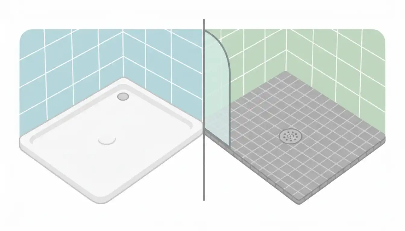 A side-by-side comparison showing a modern, minimalist white acrylic shower pan next to a custom-tiled shower floor with small, gray mosaic tiles.