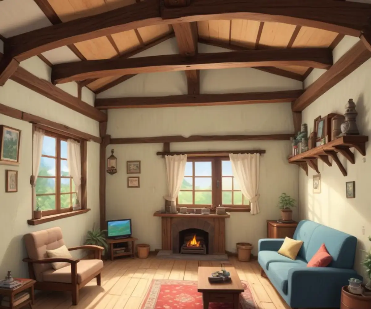 A partially renovated living room with exposed wooden ceiling beams and freshly installed drywall panels.
