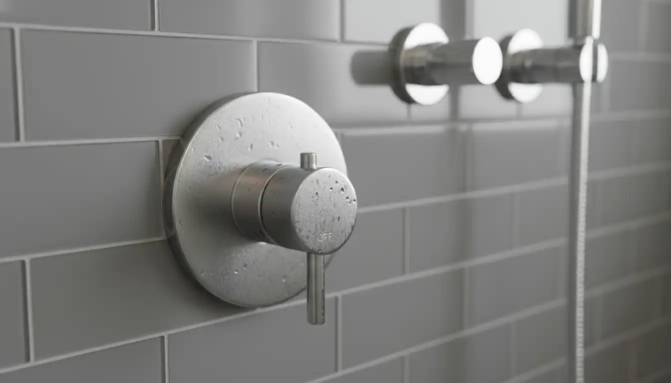 A close-up of a shower's water shut-off valve integrated into a tiled wall behind the main faucet handle.