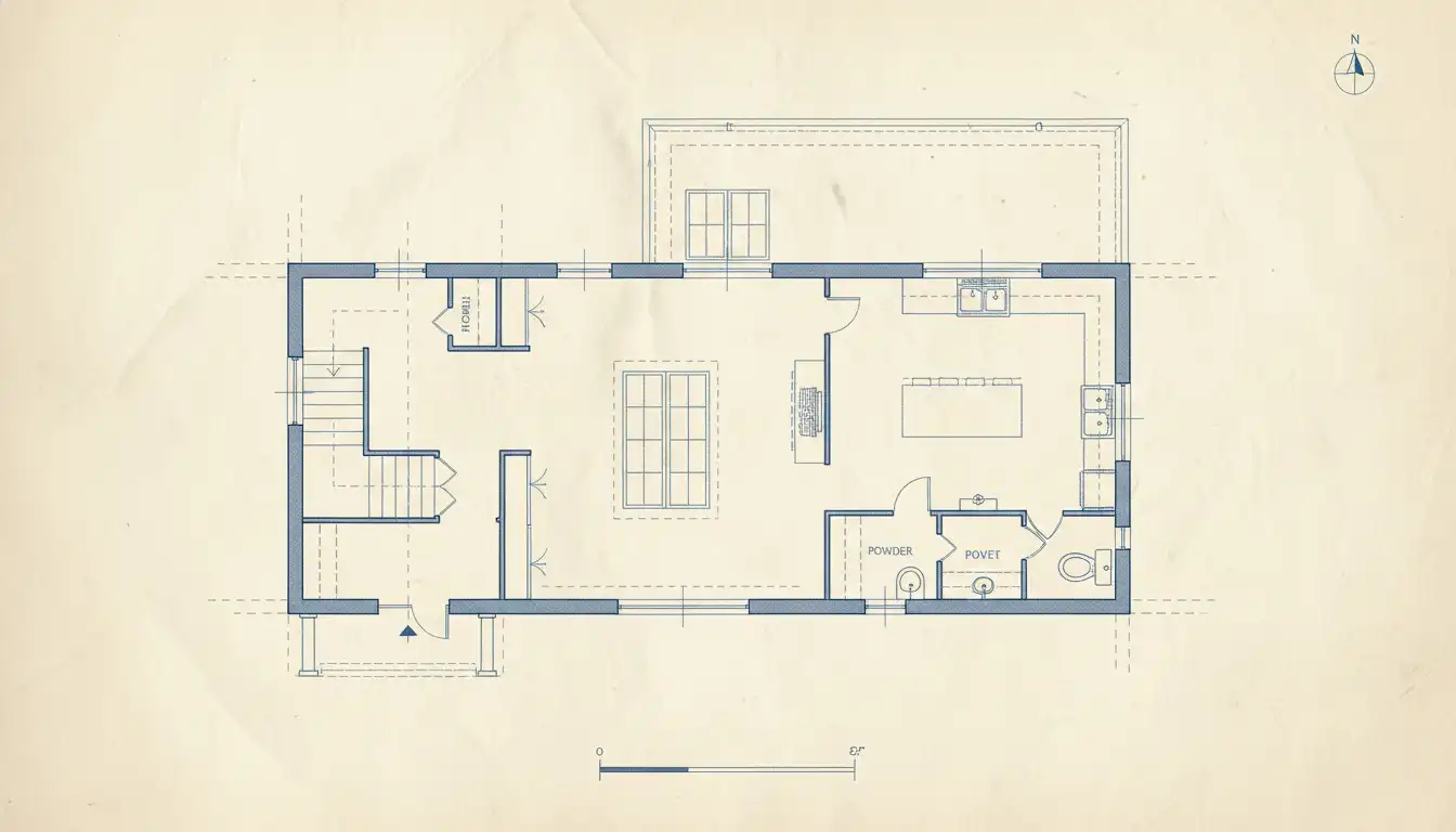 An architectural blueprint showing the first-floor layout of a traditional side hall colonial house.