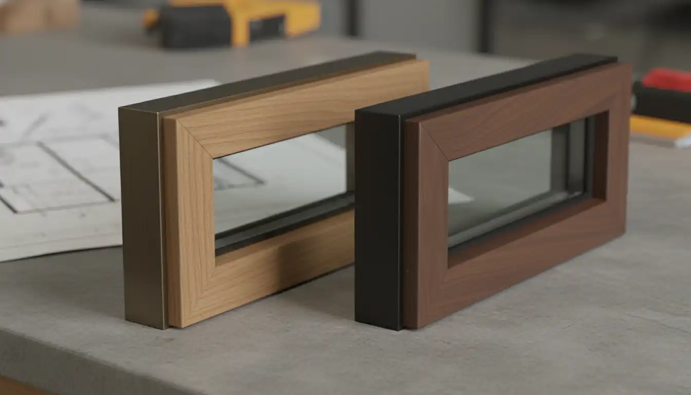 A close-up of two different wood-clad window corner samples, one with a bronze and one with a black aluminum exterior.