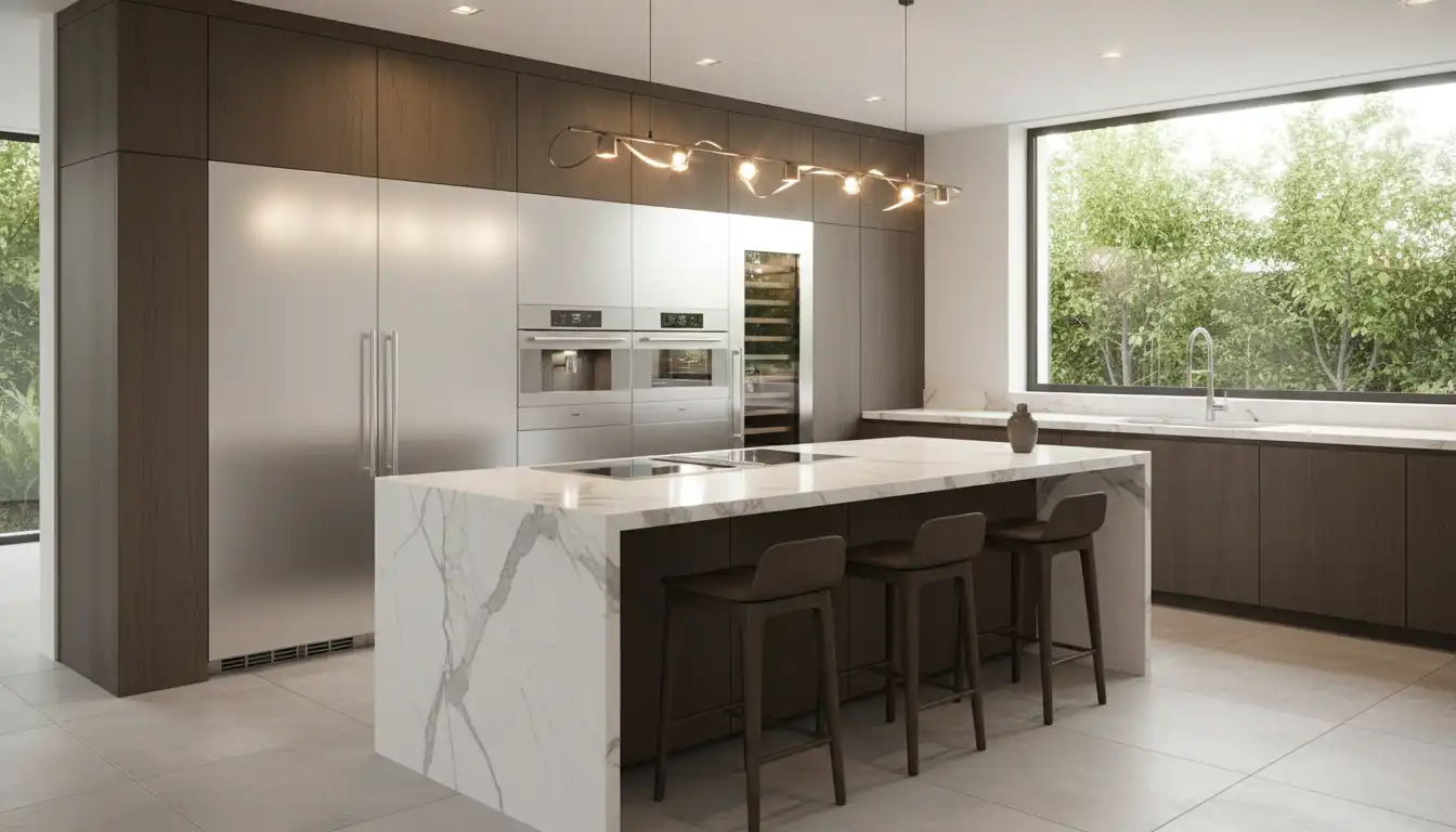 A luxury kitchen featuring integrated Signature Kitchen Suite stainless steel appliances