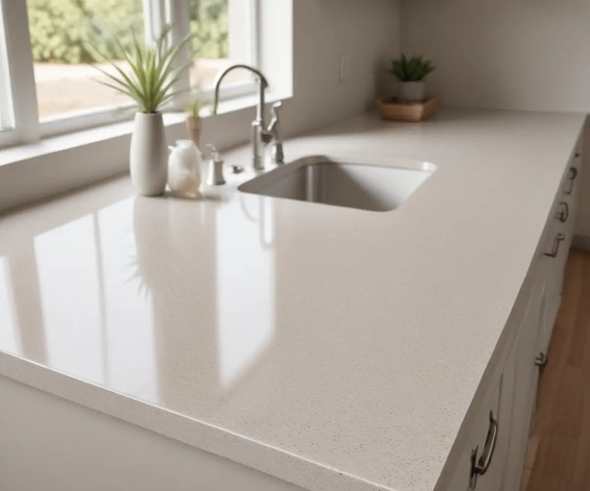 Close-up of a Silestone Desert Silver quartz countertop, showing a light gray base with subtle, fine white veining.