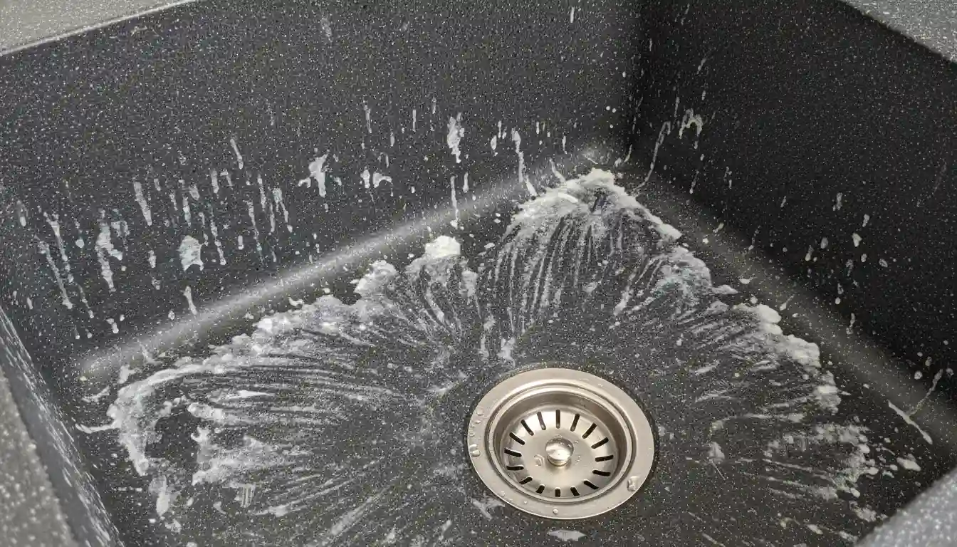 Close-up of a white film and hard water stains on a dark gray composite kitchen sink.