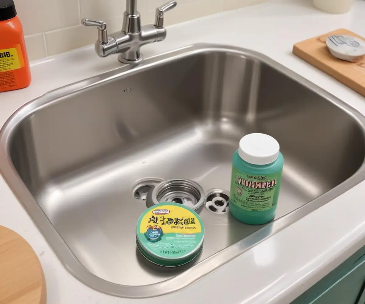 A tube of clear silicone sealant and a container of plumber's putty placed next to a new stainless steel kitchen sink drain flange.