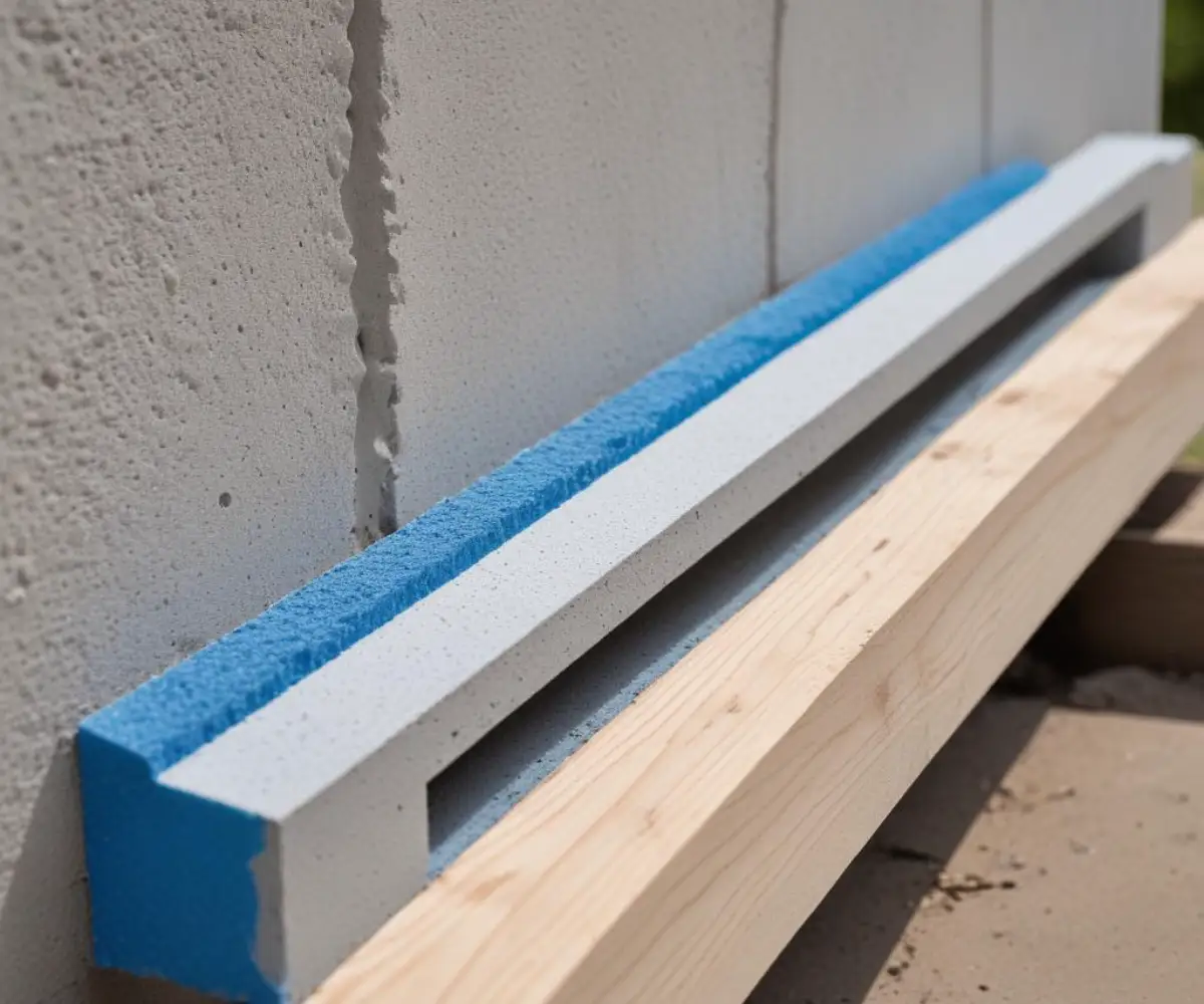 A close-up of a blue foam sill gasket positioned between the concrete foundation and the wooden bottom plate of a wall frame.