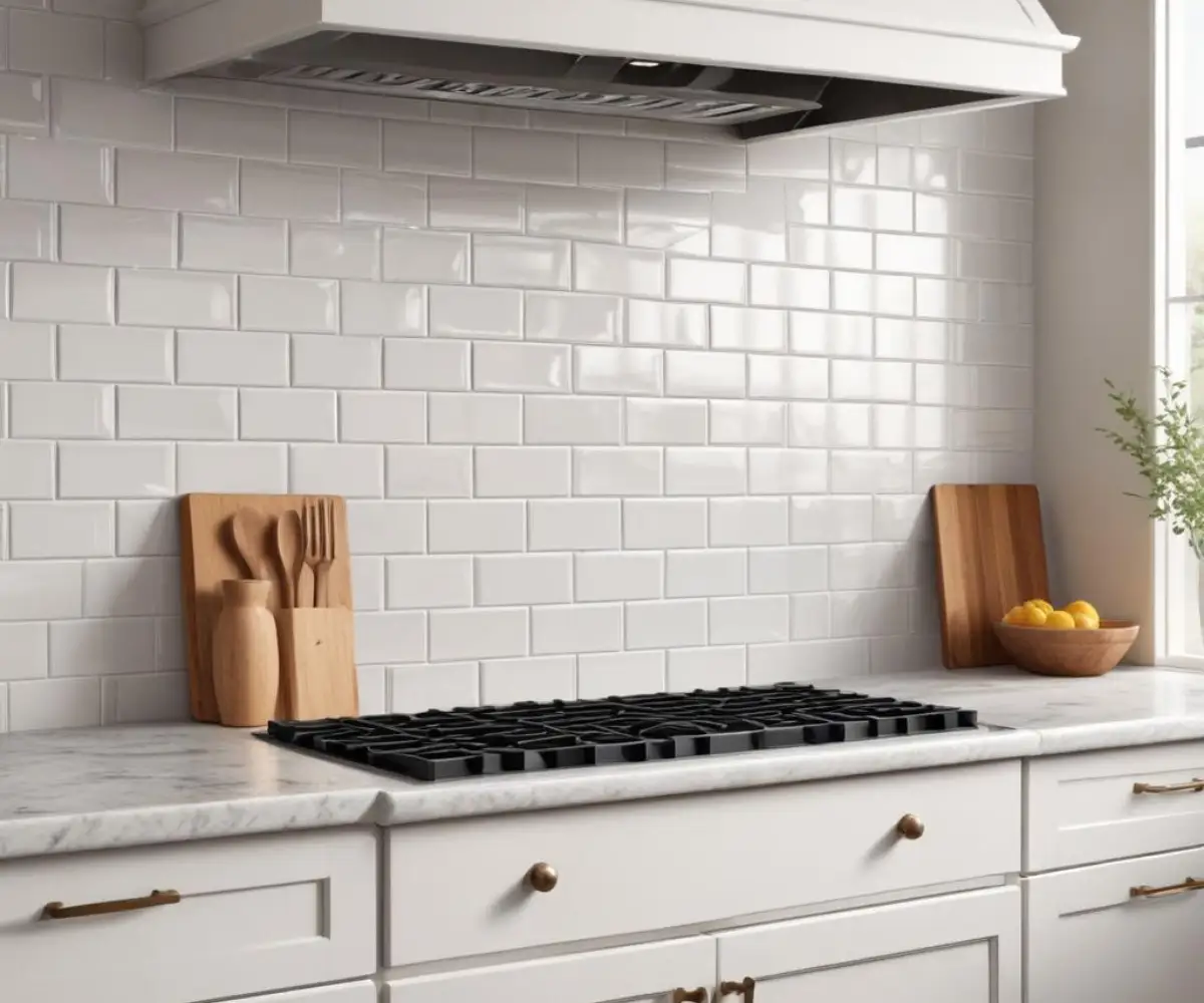 A kitchen backsplash featuring glossy white subway tiles laid in a running bond pattern with light gray Silverado grout.