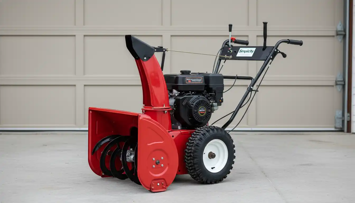 A red Simplicity 560 two-stage snowblower with a black chute and handlebars, parked on a clean concrete surface in front of a neutral-colored garage door.