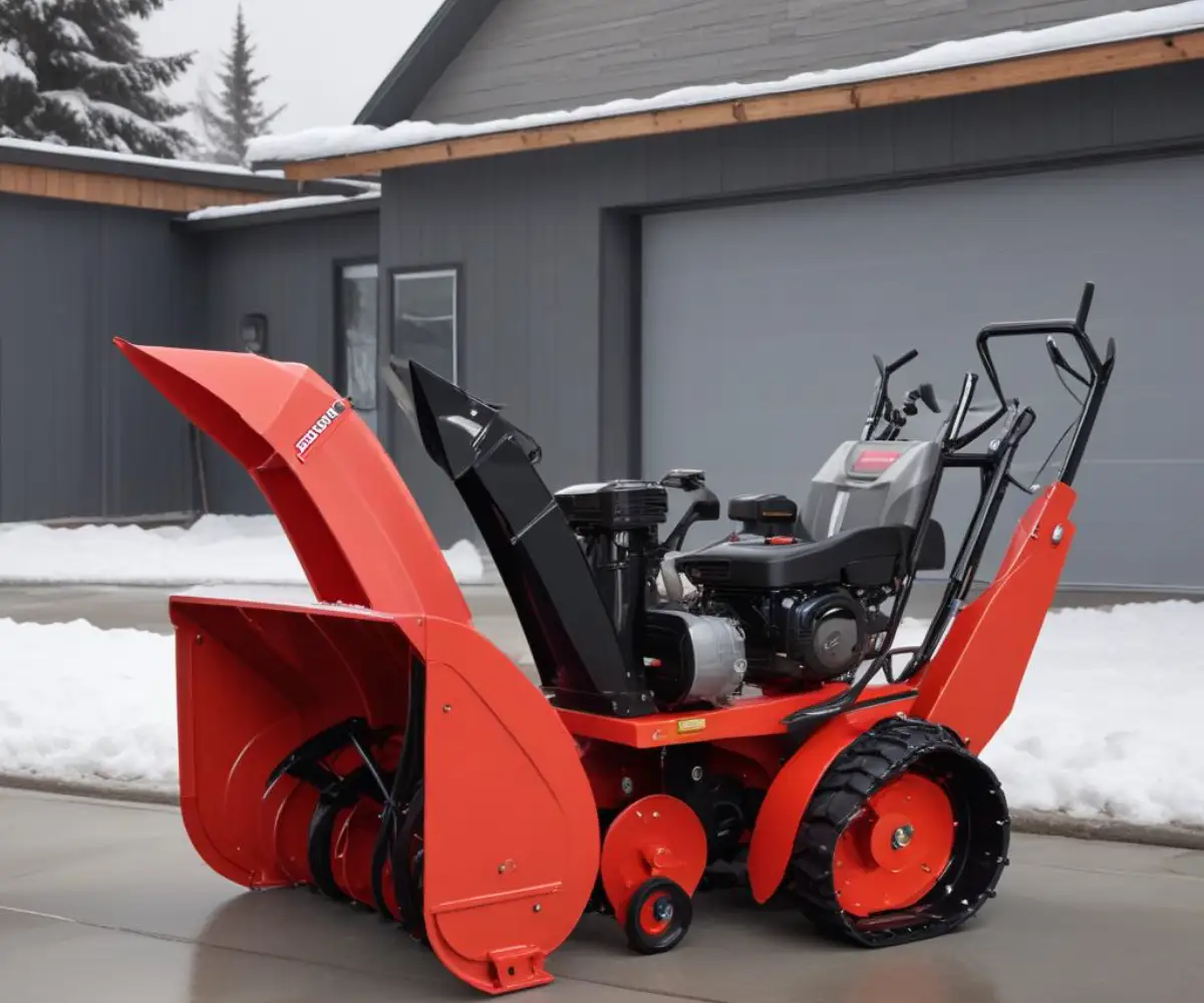 A red Simplicity 860 two-stage snowblower with a black chute and handlebars, parked on a clean concrete surface.