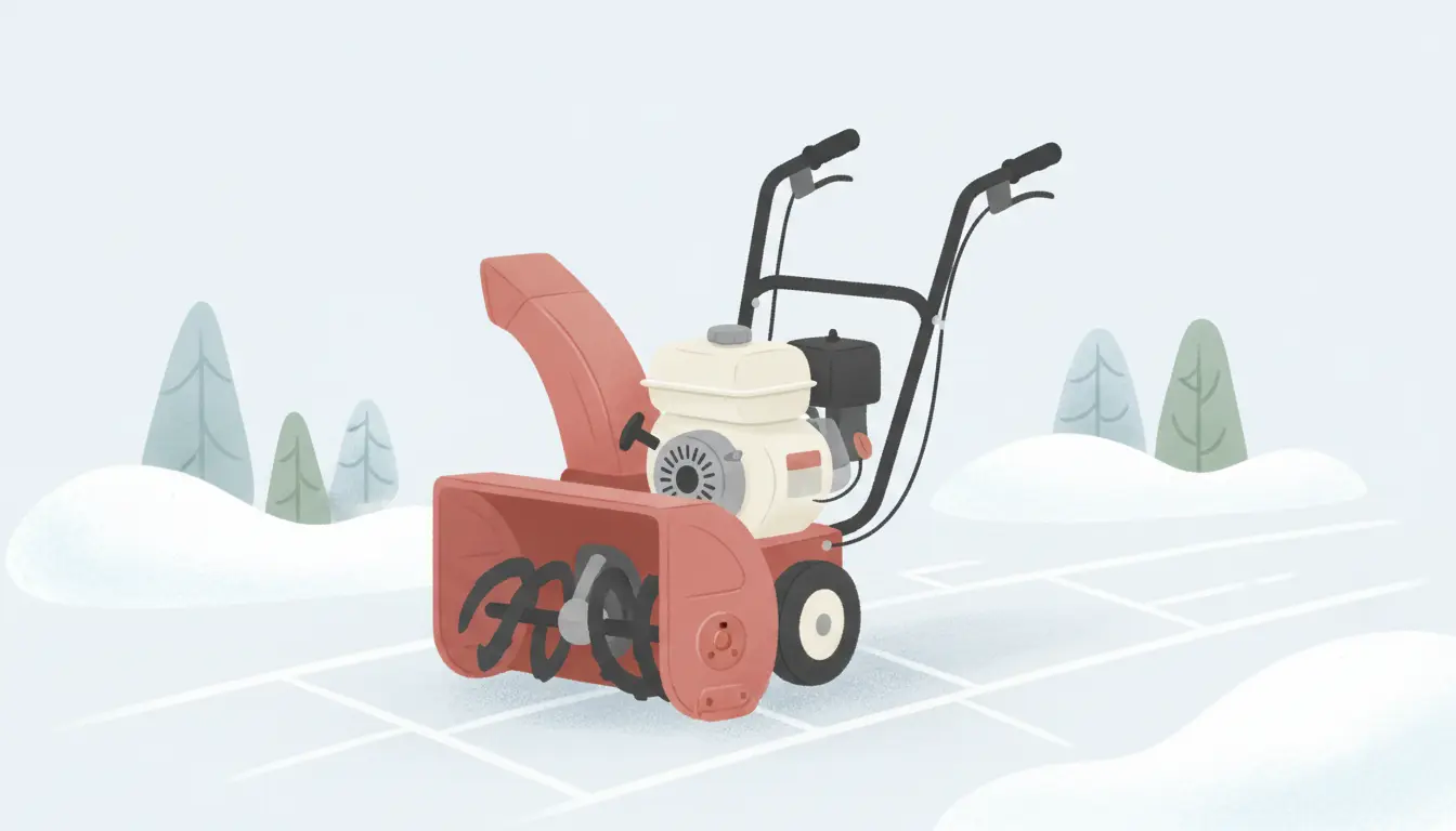 A red Simplicity 860 two-stage snow blower with a large engine and black handlebars, resting on a paved surface.