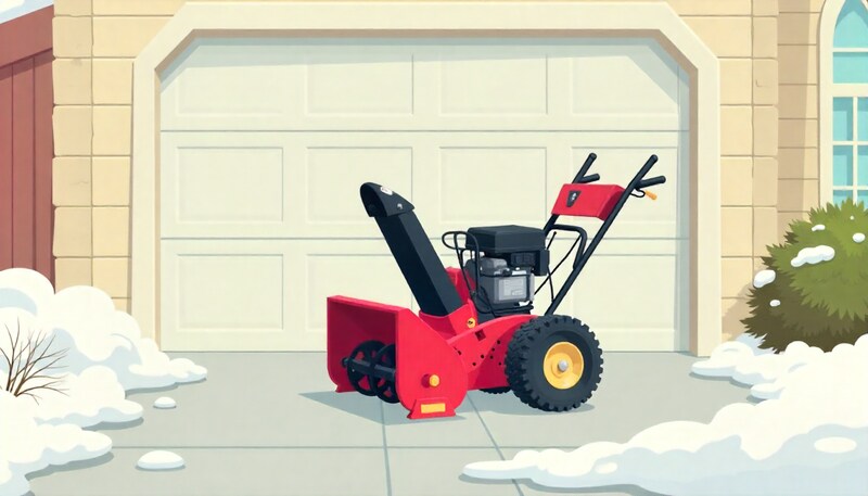 A red Simplicity 860 two-stage snowblower with a black chute, parked on a clean concrete driveway.