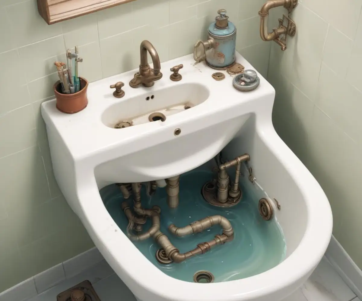 Exposed plumbing and P-trap under a white bathroom sink