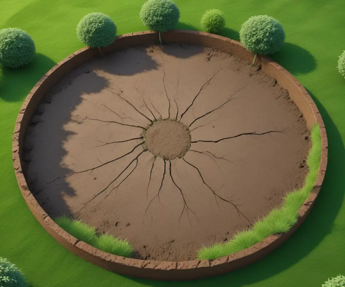 A circular depression in a green lawn with visible cracks in the soil, indicating ground subsidence.