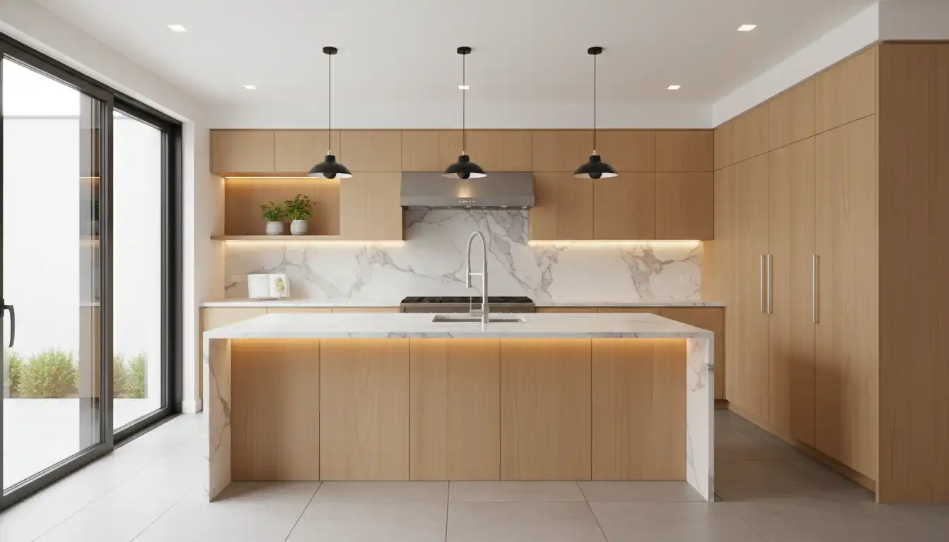A well-lit kitchen featuring clean-lined, modern cabinetry and stone countertops.