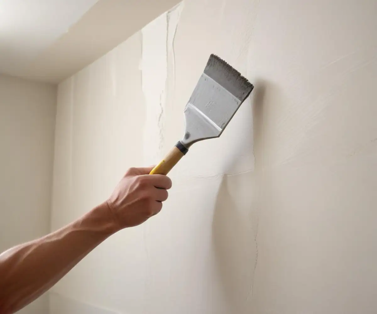 A trowel spreading a thin, smooth layer of joint compound over a drywall wall during the skim coating process.