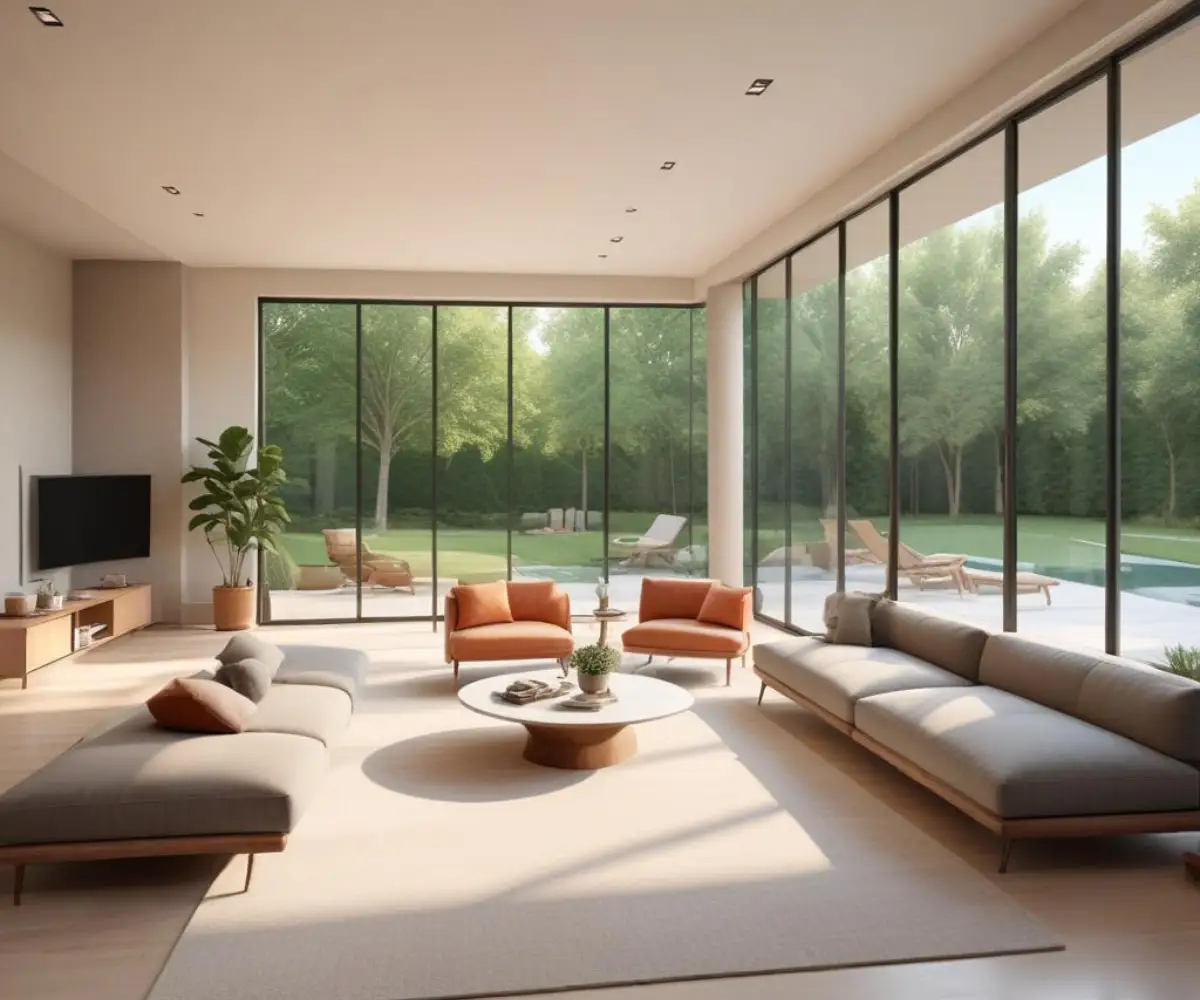 A modern living room featuring a seamless, floor-to-ceiling glass wall that opens to a patio.