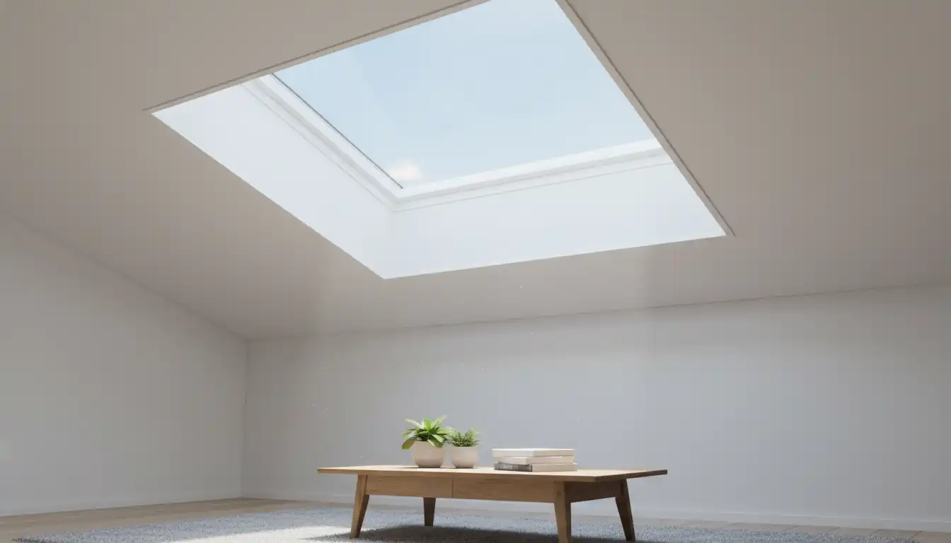 A finished skylight light shaft with smooth, white painted drywall and clean, sealed corners, viewed from inside a room.