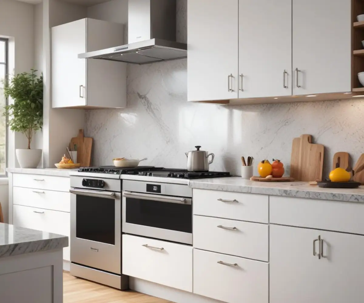 A stainless steel slide-in range being installed into a space between white kitchen cabinets with granite countertops.