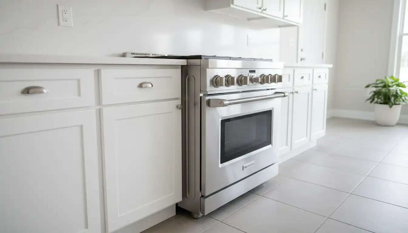 A stainless steel slide-in range installed improperly, protruding several inches from white kitchen cabinets and a countertop.
