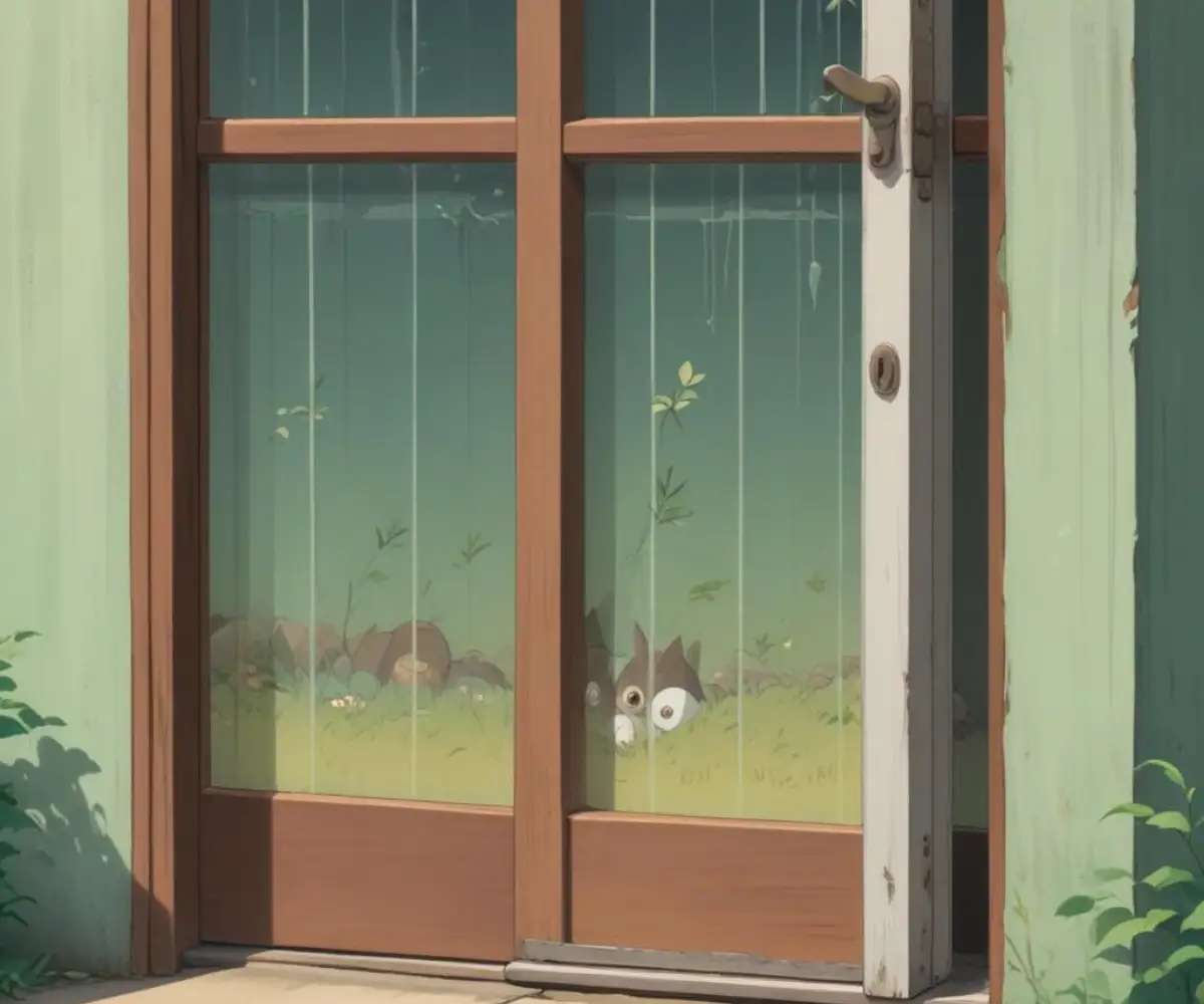 A close-up of a sliding screen door with a noticeable gap between the bottom of the door and the track.