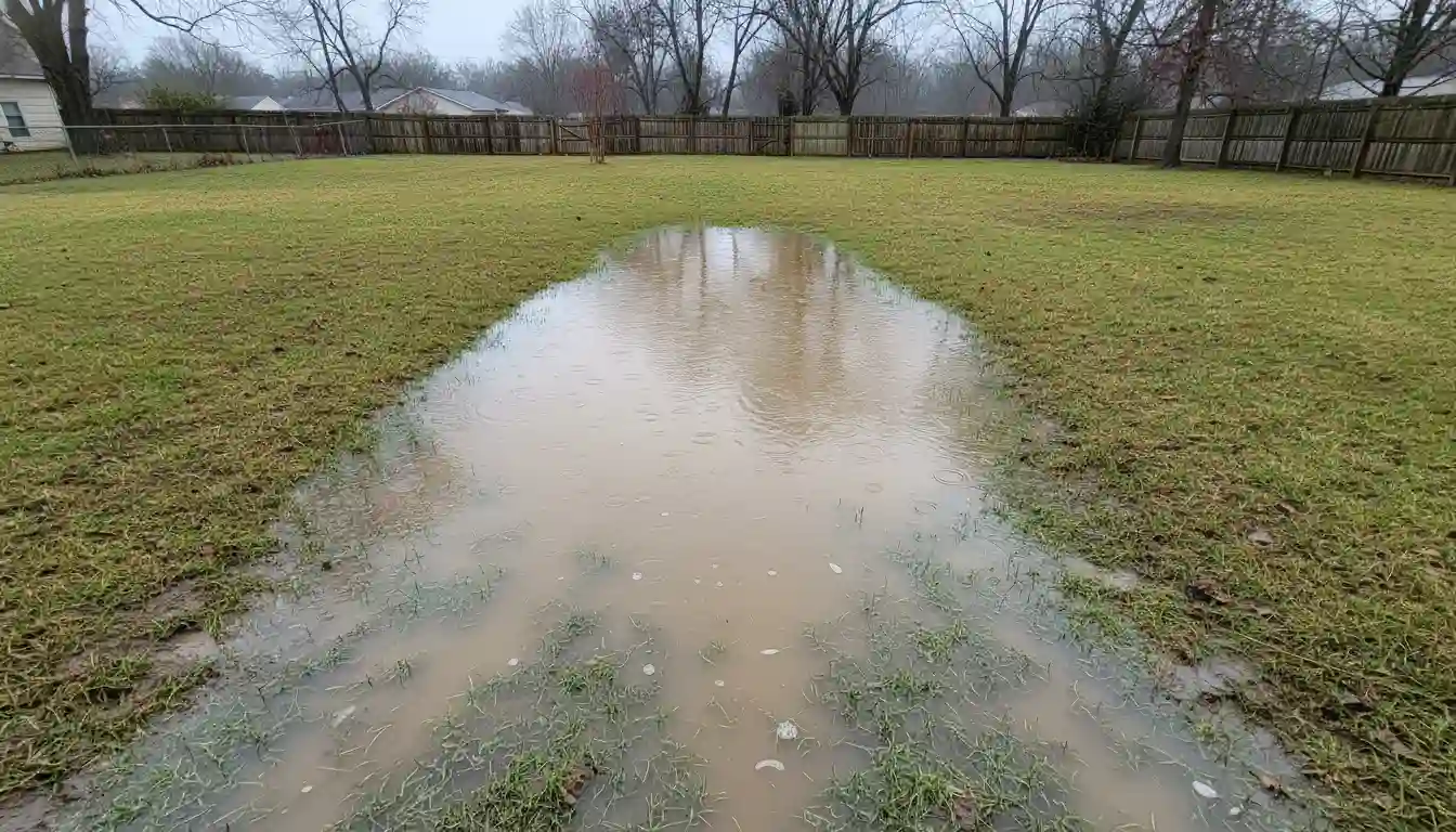 A soggy, waterlogged lawn on a backyard slope with standing water pooling at the base of the incline.