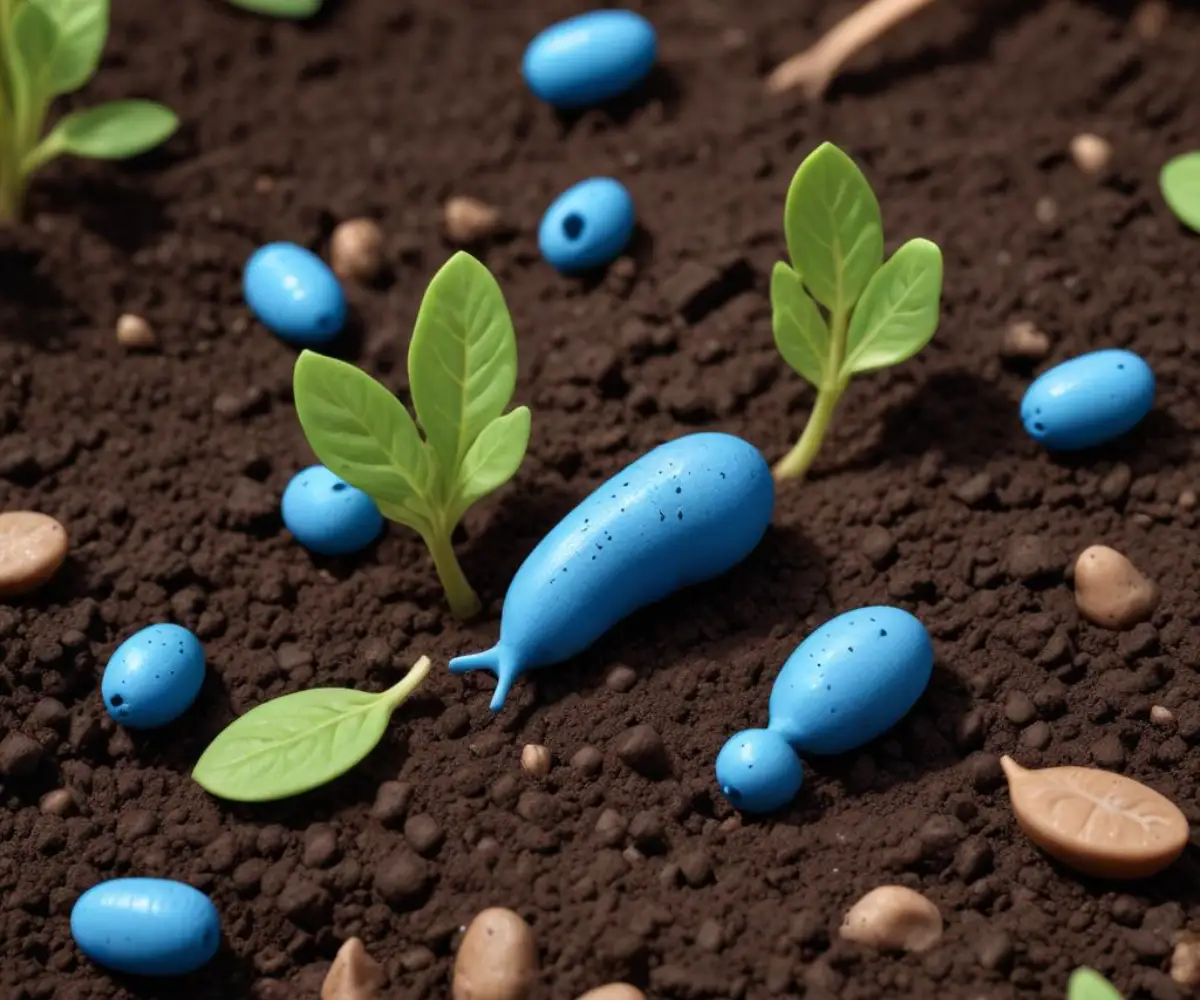 Close-up of blue and tan slug bait pellets scattered on dark, moist garden soil around the base of a small green seedling.