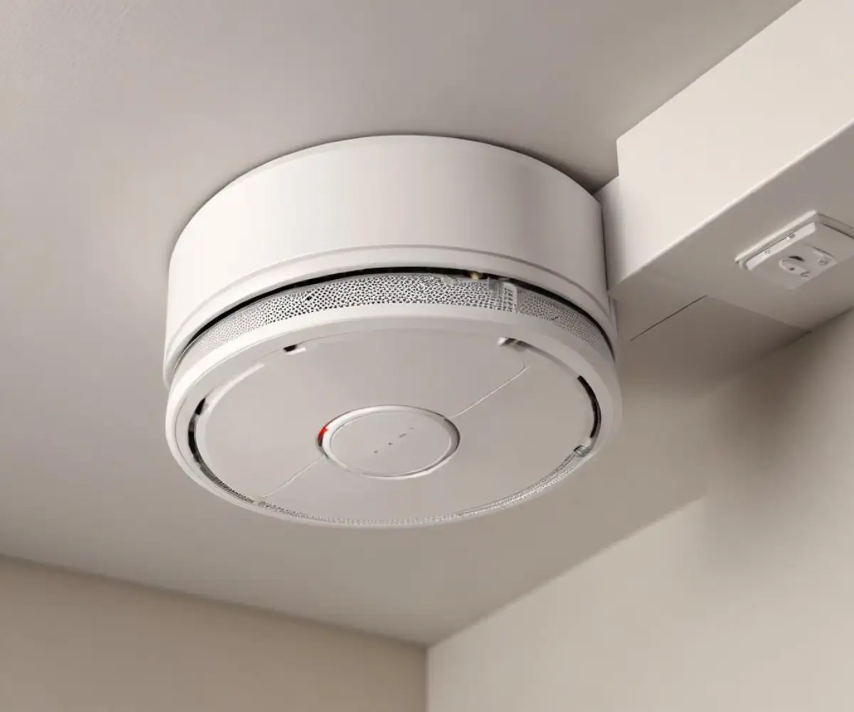 A white, ceiling-mounted smoke detector with its battery compartment drawer slid open, revealing a stuck battery.
