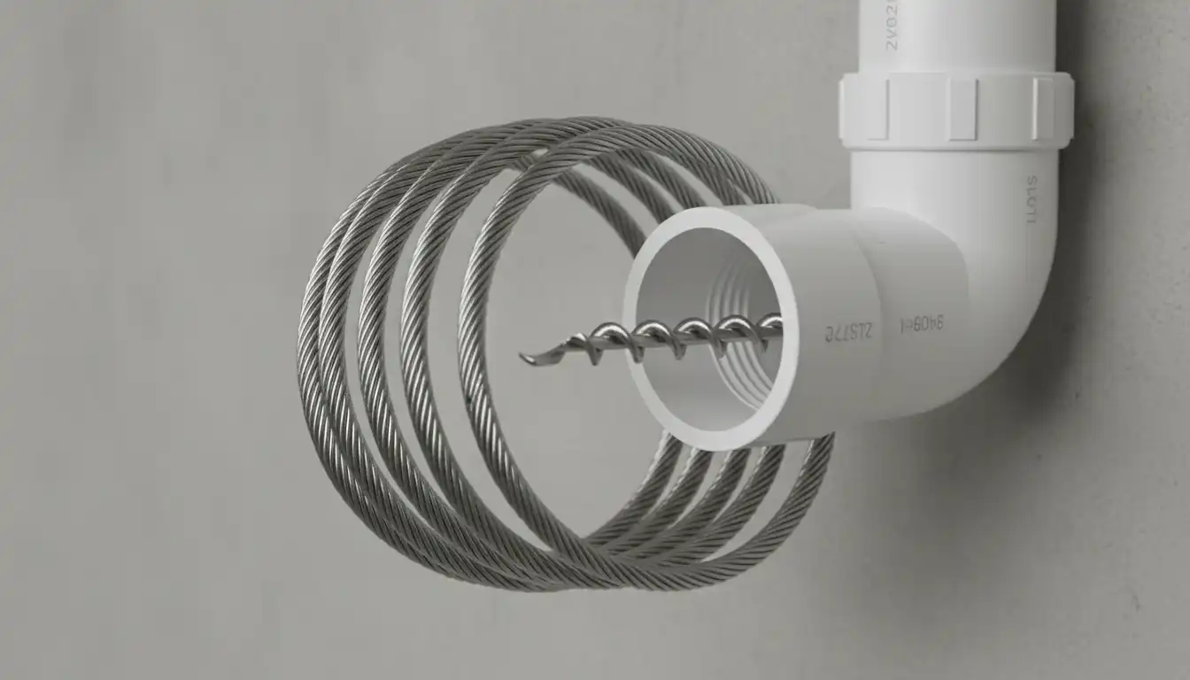 A metal drain auger entering a white PVC pipe with a 90-degree elbow joint against a plain background.
