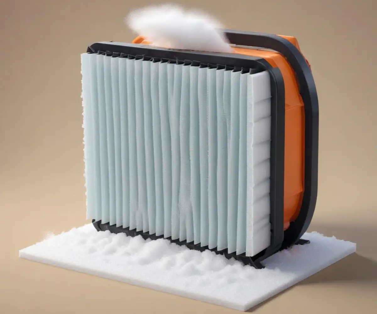 A close-up of a rectangular, pleated paper and foam snow blower air filter against a clean, solid background.