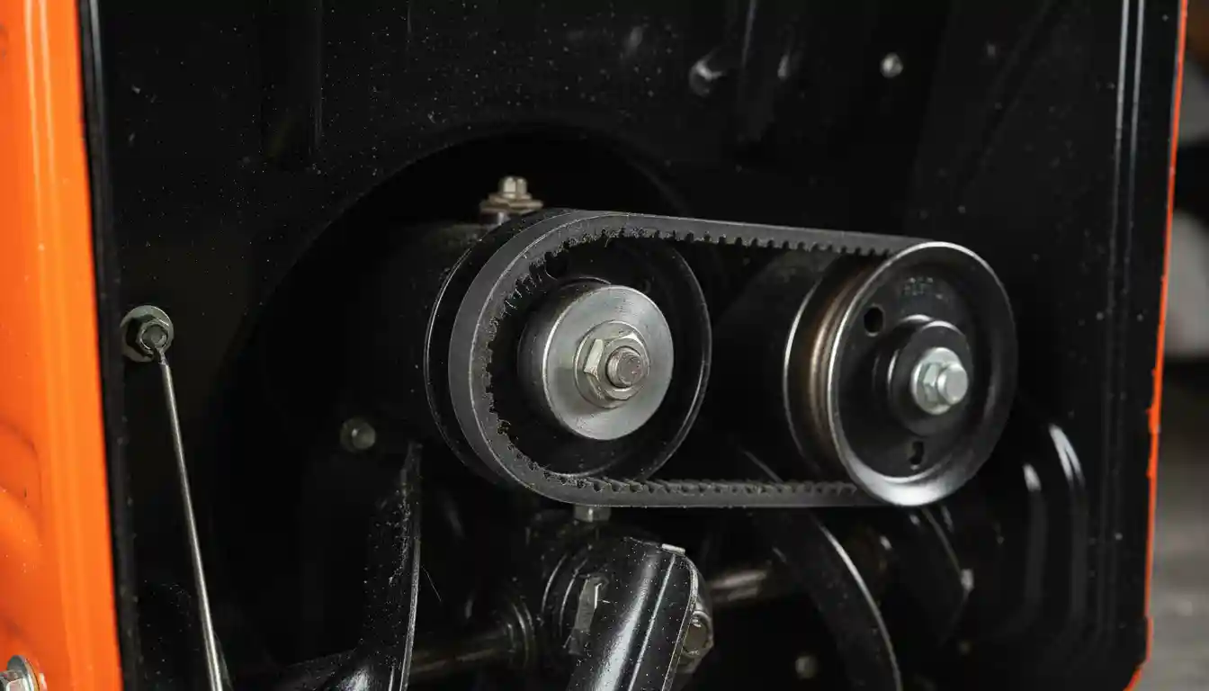 Close-up of a black rubber auger belt wrapped around the metal pulleys inside a snow blower.