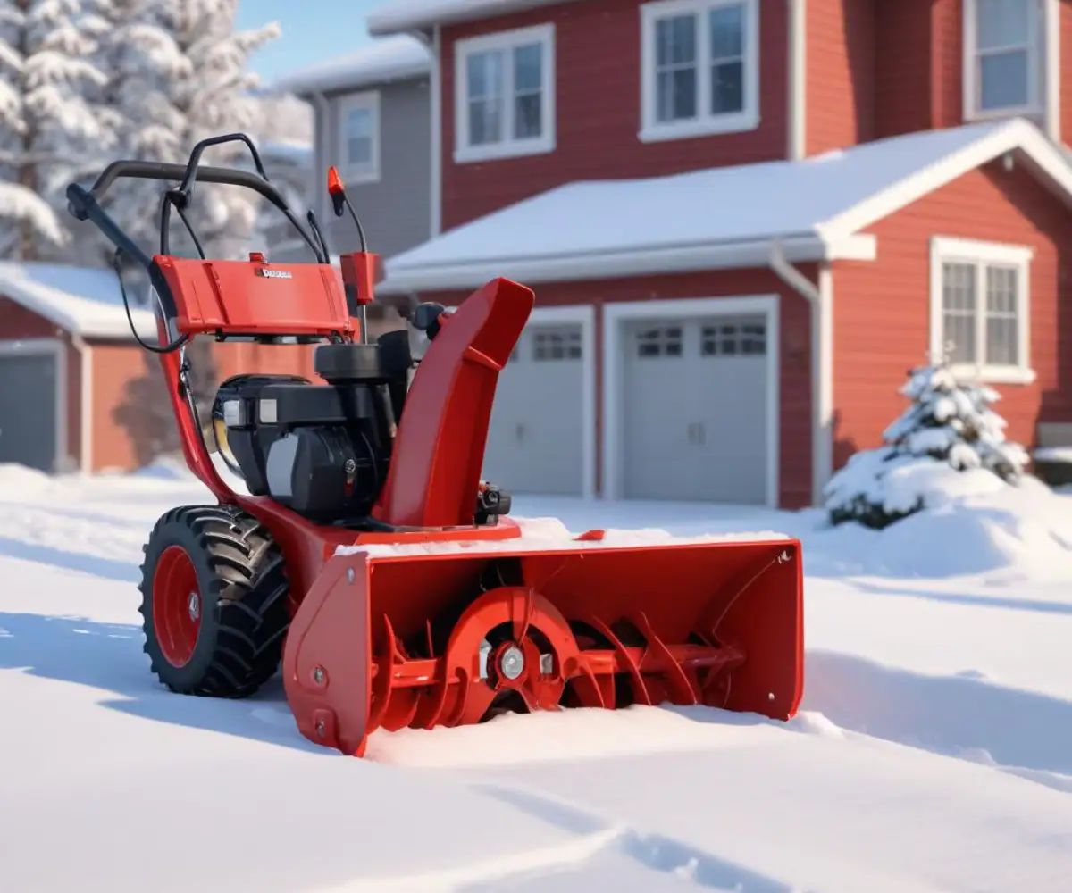 Red two-stage snow blower on a snow-covered residential driveway.