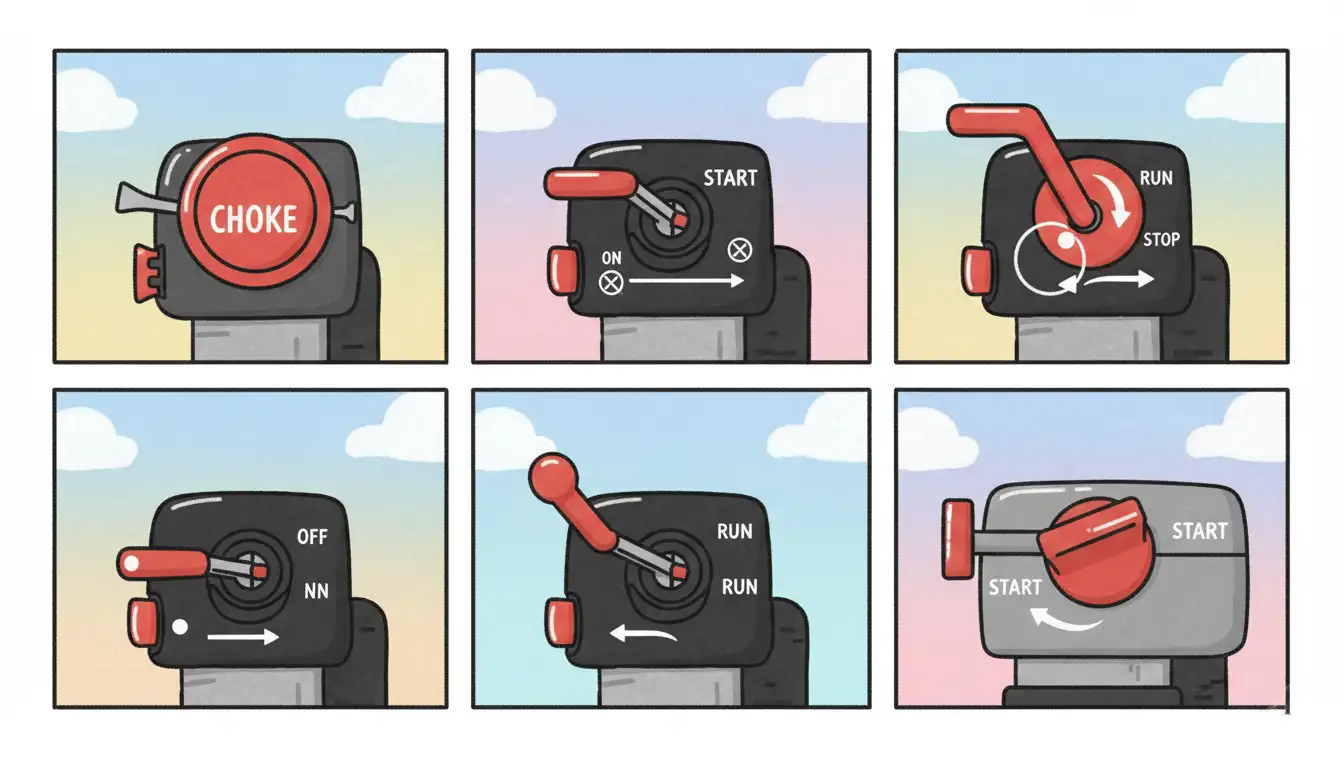 Illustration showing six views of a snow-blower control panel, highlighting the “CHOKE” knob/button, and other positions labeled “START,” “RUN,” “STOP,” and “OFF”.