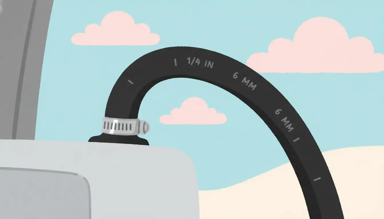 A close-up of a black rubber fuel line connected to the engine of a snow blower, with a metal hose clamp securing it.