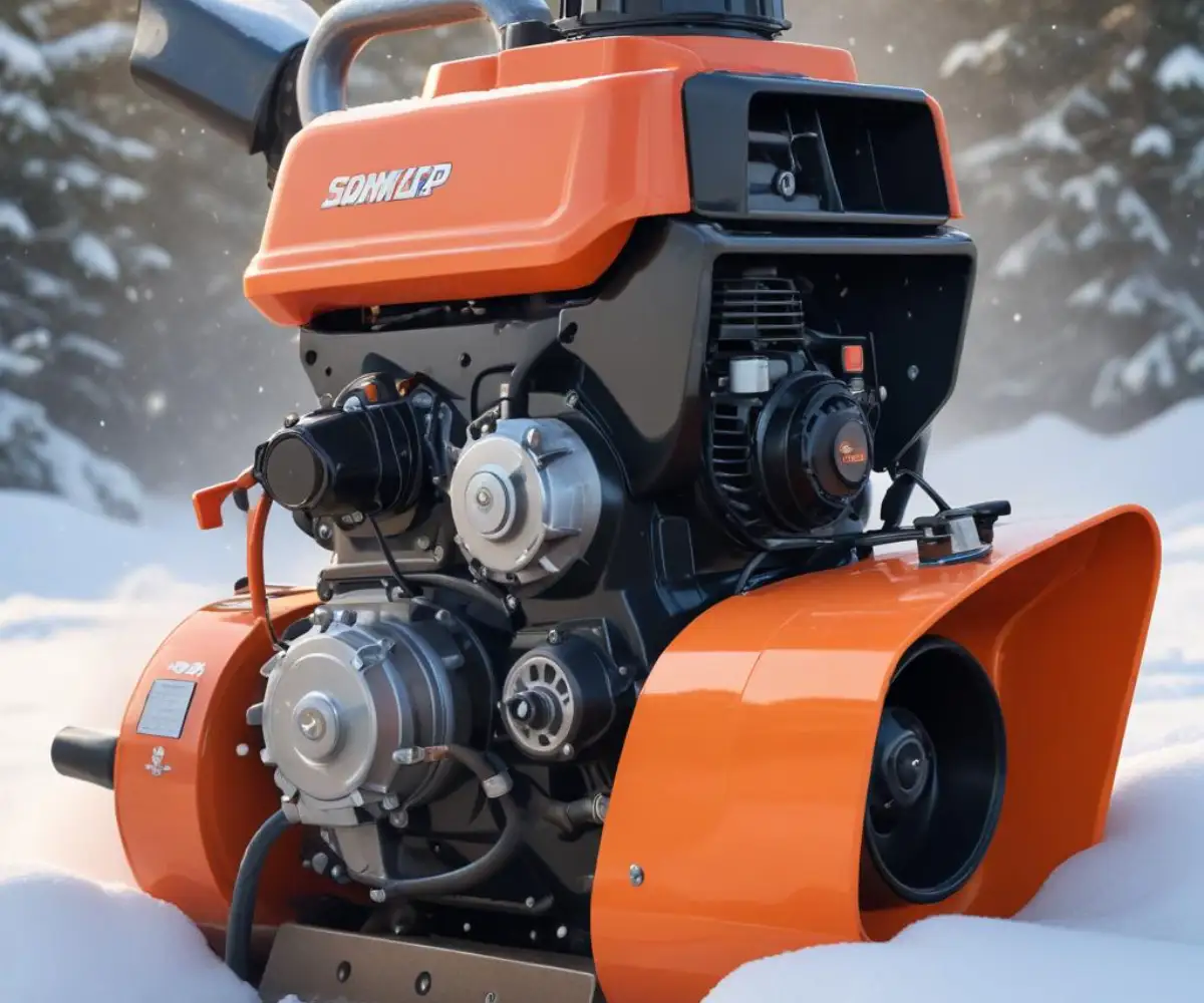 Close-up of a snow blower engine with oil leaking from the crankcase vent tube onto the housing.