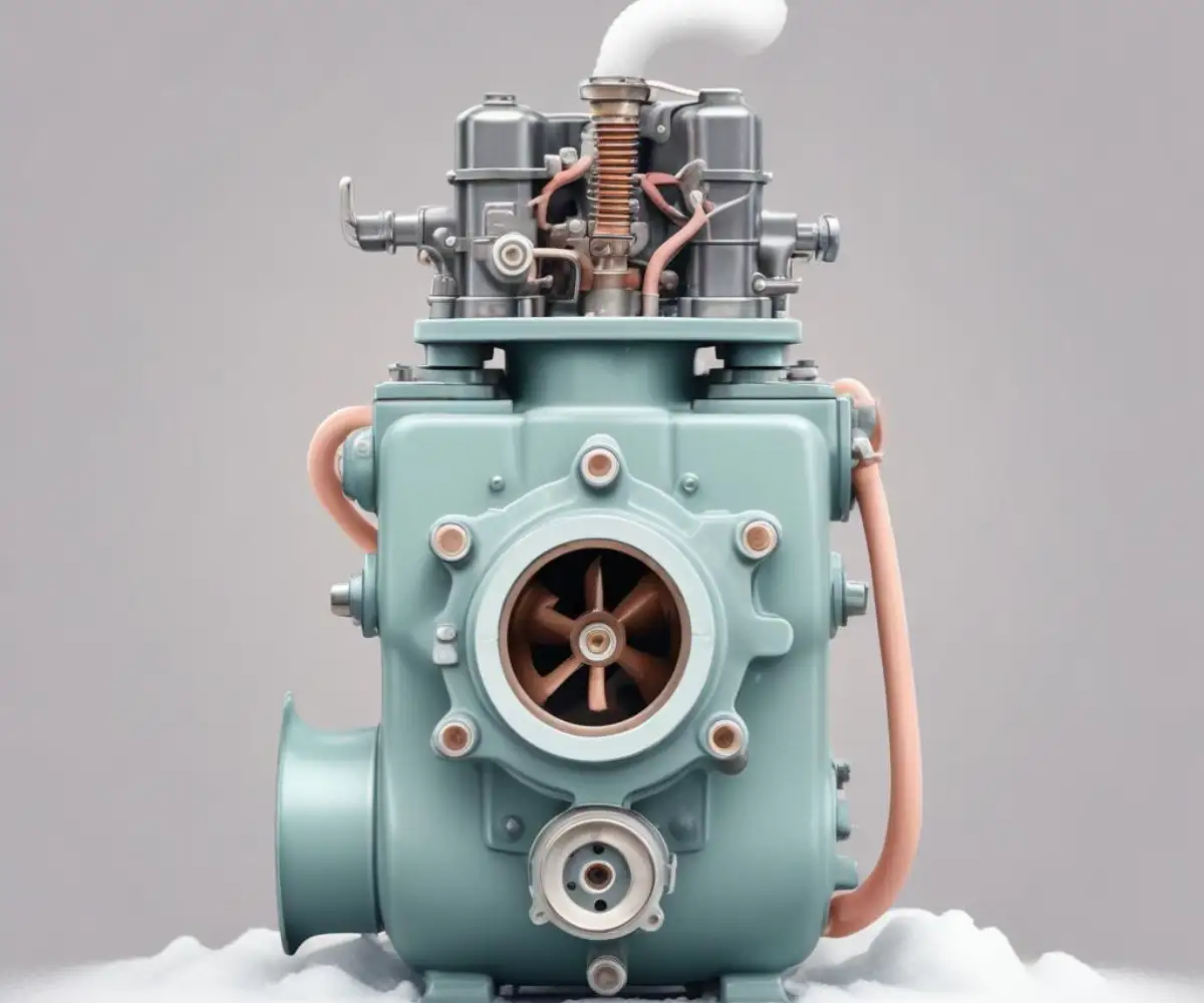 Close-up view of a snow blower engine carburetor with fuel lines and a primer bulb visible.