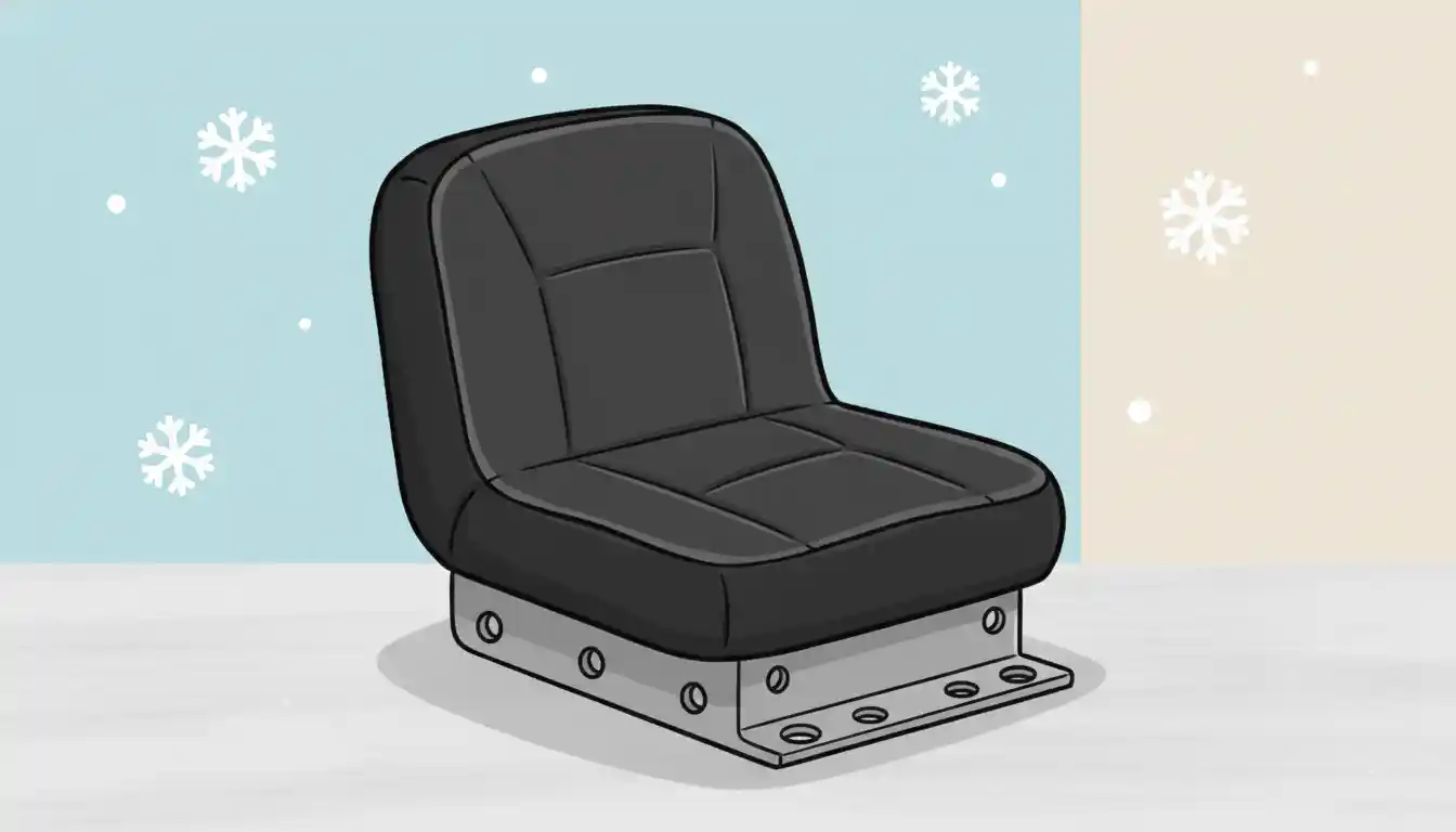 A black vinyl seat with a universal mounting bracket, designed for a ride-on snow blower.
