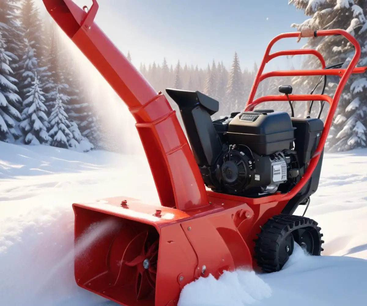A close-up of a red snow blower's auger and chute against a clean, snowy background.