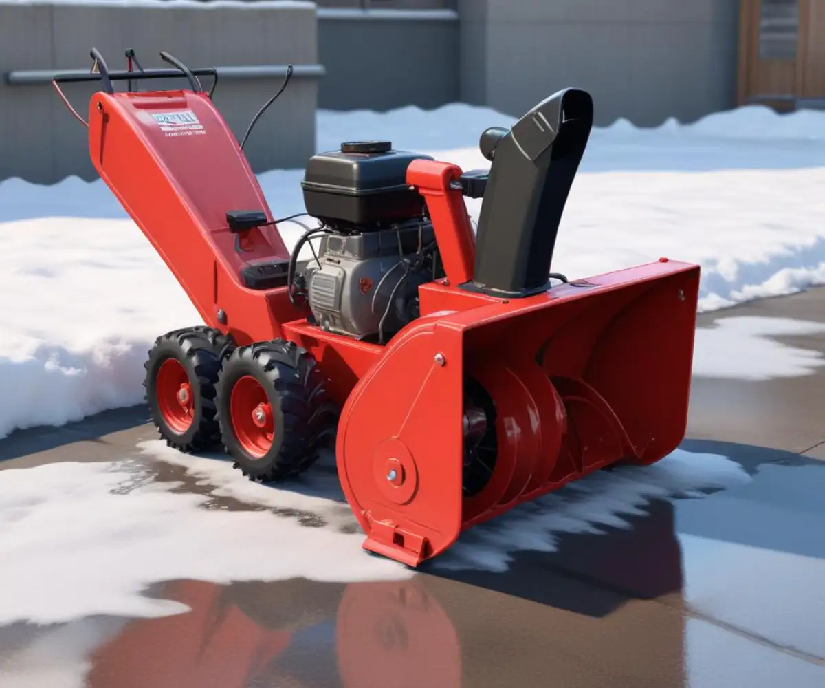 A red snow blower parked on a clean concrete floor with a visible puddle of gasoline underneath the engine.
