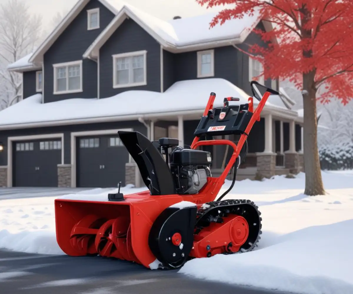 A red and black two-stage gas snow blower parked on a clear driveway with a snow-covered lawn in the background.