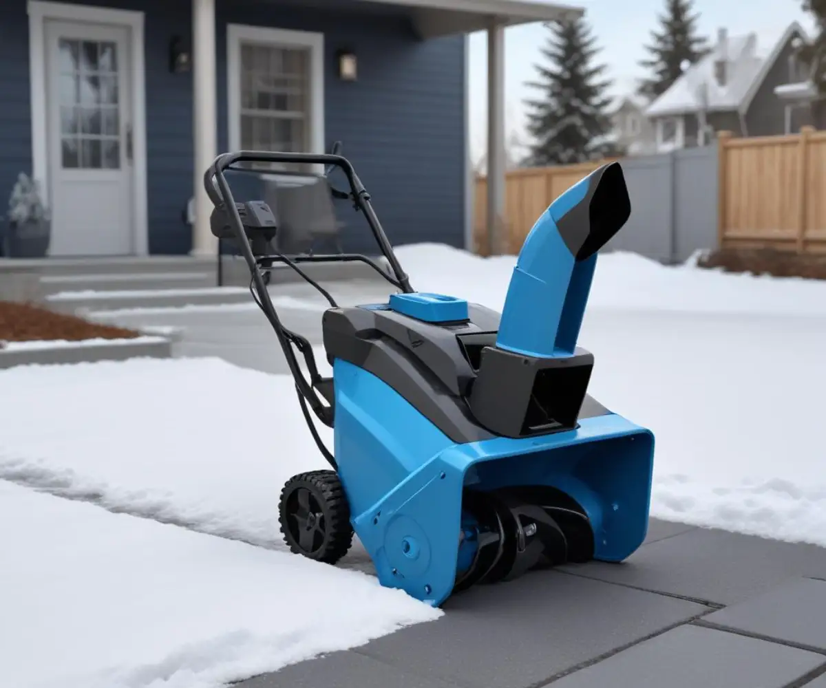 A modern blue and black cordless electric snow blower standing on a gray paved surface.
